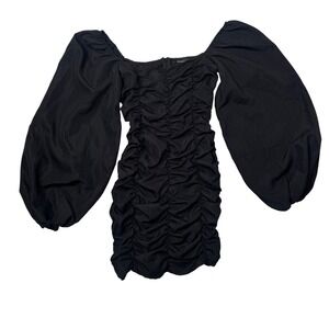 PrettyLittleThing Ruched Mini Dress Size 4 Black Balloon Sleeve Edgy Womens